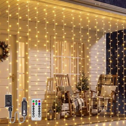 Ollny Curtain Lights 600 LED 19.7x9.8ft, Outdoor Waterproof String Lights - color: Warm White, size: 600 LED