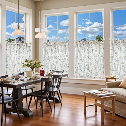 jinchan Grey Floral Kitchen Tier Curtains Alisa 36 Inches Tie Top 2 Panles - color: Alisa Grey on Linen, size: 26"W x 36"L (Pack of 2)