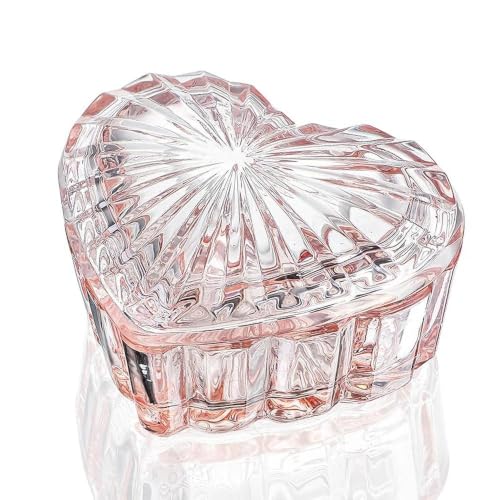 Glass Heart Shaped Jewelry Box with Lid, Ring Earring Trinket Storage Box - color: Pink