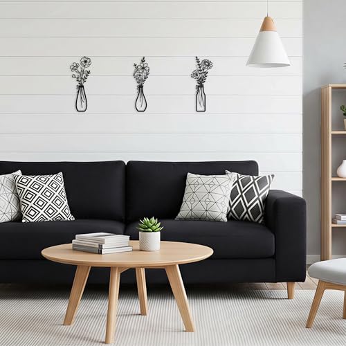 Huggful 3-Piece Black Modern Metal Flower Wall Decor - color: Black