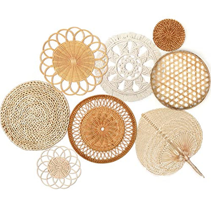 Tatuo 8 Set Boho Wall Basket Decor Woven Rattan Flat Baskets