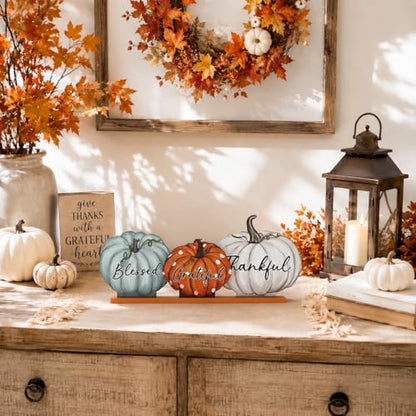 Smile Pumpkin Tiered Tray Sign Blessed Grateful Thankful Thanksgiving Wood - style: Thankful