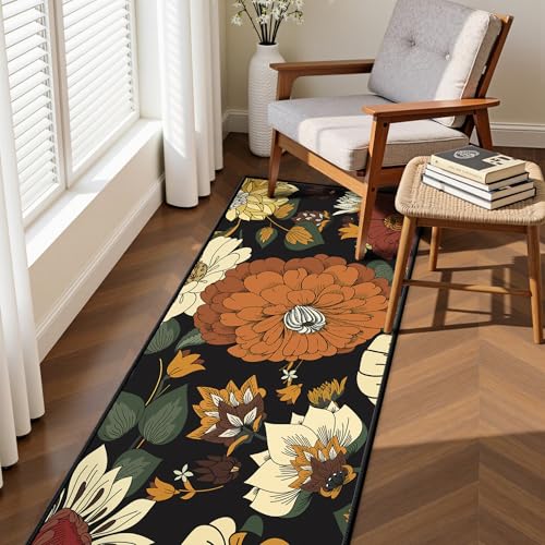 Tyrot Black Boho Floral 2x6 Runner Rug, Washable Mid Century Modern Style - color: Warm Ember, size: 2' x 6' (Runner)