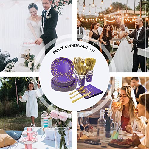 AIRE Purple Gold Paper Plates Set, 350PCS Disposable Dinnerware for 50 - color: 350pcs Purple and Gold