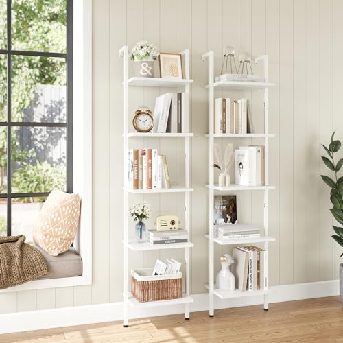 ELYKEN Ladder Shelf, 5-Tier Wood Wall Mounted Ladder Bookshelf - color: White