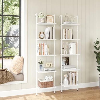 ELYKEN Ladder Shelf, 5-Tier Wood Wall Mounted Ladder Bookshelf - color: White