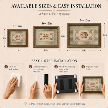 Gold Framed Home Sweet Home Wall Art,Embroidered Style Green Gingham Canvas - color: Home Sweet Home, size: 16"LX12"W