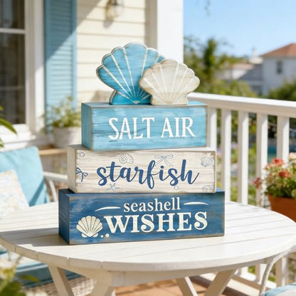 4 Pcs Coastal Summer Beach Tiered Tray Decor Rustic Wooden Nautical Centerpiece Set with Shell Starfish Farmhouse Style Beach Room Decor Summer Tiered Tray Decor - style: Coastal
