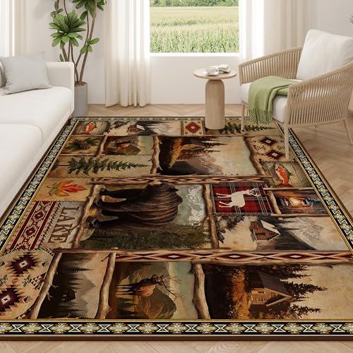 Vintage Moose Bear Cabin Rug for Living Room 8'x10', Rustic Lodge Area Rug for Bedroom Indoor Dining Floor Carpet, Non-Slip Machine Washable Farmhouse Carpet Vintage Living Room Decor - color: Rustic Bear, size: 8' x 10'