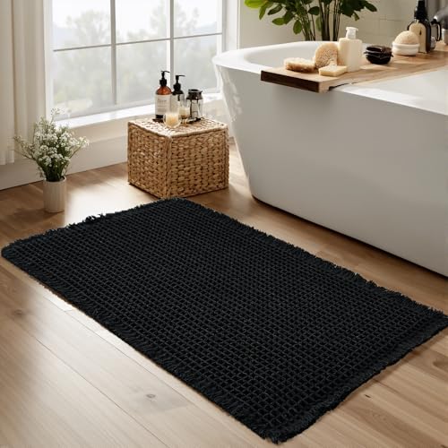 KGORGE Waffle Bath Mat Black Non Slip Dry Fast for Bathroom Tub - color: Waffle-black, size: 20"W x 32"L