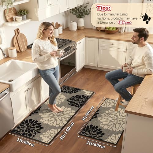 Findosom Kitchen Rugs Sets of 2, Floral Washable Kitchen Runner Rug, Black - color: Black/Beige, size: 24" x 36" + 24" x 60"