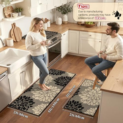 Findosom Kitchen Rugs Sets of 2, Floral Washable Kitchen Runner Rug, Black - color: Black/Beige, size: 24" x 36" + 24" x 60"