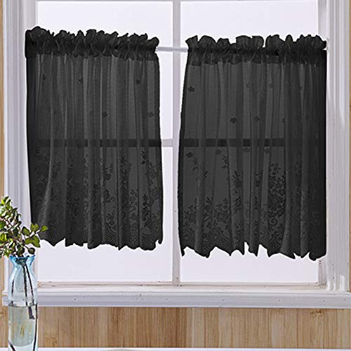 vctops Lace Sheer Kitchen Tier Curtain Set Floral Embroidered Cafe Tiers Rod Pocket Small Half Window Curtains 2 Panels (29" x 24", Black) - color: Black, size: 29"W x 24"L (Pack of 2)
