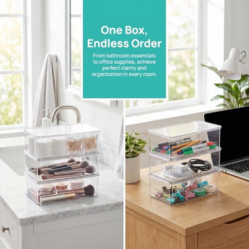 ZENFUN Set of 3 Small Stackable Storage Bins with Hinged Lid, Acrylic Organizer Box, Clear Makeup Organizer Box, Cosmetic Case for Home, Office - size: 10.8*6.8*3.7 inch