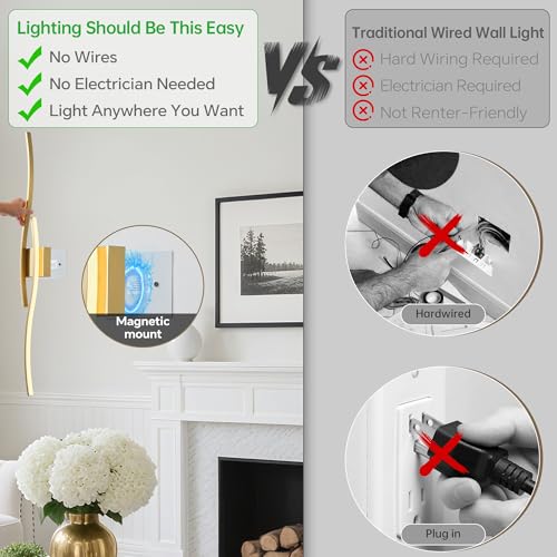 Wireless Wall Sconces Set of Two, Dimmable, 3CCT, Up to 65H Runtime - color: Brushed Brass, size: 39.3 inches (2 Pack)