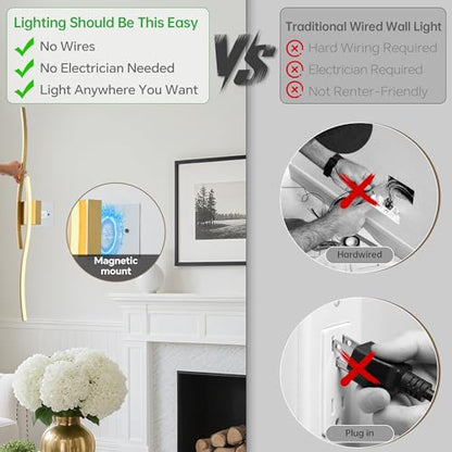Wireless Wall Sconces Set of Two, Dimmable, 3CCT, Up to 65H Runtime - color: Brushed Brass, size: 39.3 inches (2 Pack)