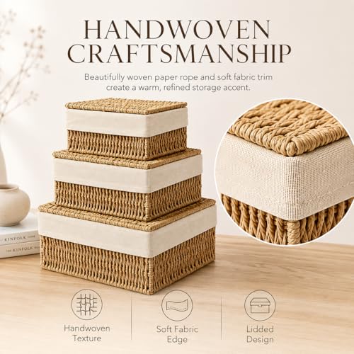 Storage Baskets with Lids Set of 3, Woven Bins with Liner - size: Small with Lids