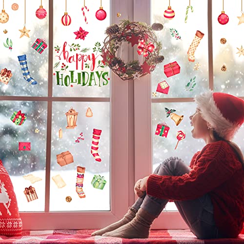 Happy Holiday Wall Stickers Christmas Window Stickers with Socks Candy Copper Bell Decals Removable Vinyl Wall Decals Window Xmas Self-Adhesive Holiday Home Decoration - color: Christmas-14