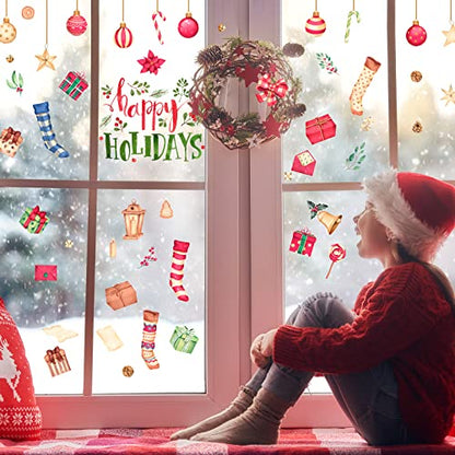 Happy Holiday Wall Stickers Christmas Window Stickers with Socks Candy Copper Bell Decals Removable Vinyl Wall Decals Window Xmas Self-Adhesive Holiday Home Decoration - color: Christmas-14
