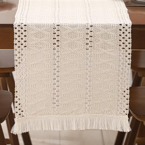 120 Boho Table Runner with Fringe Beige Stripe Fall Decor - color: Beige Stripes