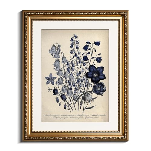 VIYYIEA Gold Framed Botanical Wall Art Decor, Blue Flower Campanula Pictures Prints, Living Room Bedroom Coastal Room Blue Floral Summer Decor, Vintage Retro Farmhouse Canvas Paintings,13x16 Inch - color: Blue Antique Campanula, size: 16"L x 13"W