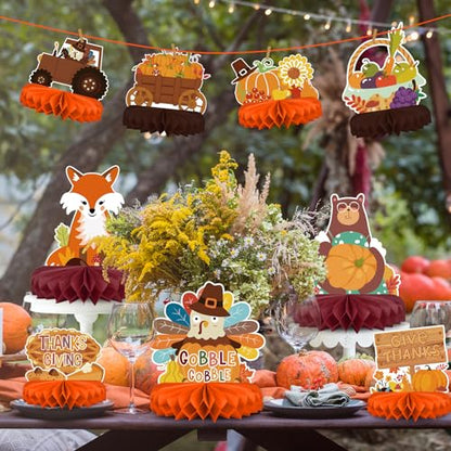 9PCS Premium Fall & Thanksgiving Party Decorations Set - Autumn Honeycomb Centerpieces, Table Toppers - Ideal as Fall Classroom Decorations, Thanksgiving Birthday Supplies & Autumn Party Decorations - style: thanksgiving