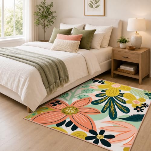 Tyrot Boho Floral 3x5 Washable Area Rug Flat Woven Ultra-Thin Low Pile Rug Non Slip Indoor Tropical Botanical Rug for Living Room, Bedroom, Entryway, Nursery, Dorm, Pink Green - color: Rose Garden, size: 3' x 5' (Rectangular)