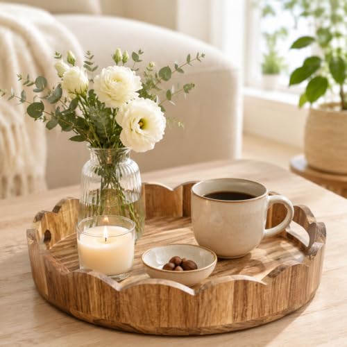 AnyDesign Brown Wooden Scalloped Serving Tray with Handles, 12.6 Inch