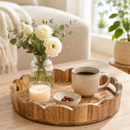 AnyDesign Brown Wooden Scalloped Serving Tray with Handles, 12.6 Inch