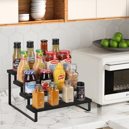 YINMIT Wooden Display Riser Stand, Tiered Perfume and Cologne Organizer Stand, 4 Tier Spice Rack Organizer, Rustic Display Shelf for Candles (4 Tier,Black) - color: 4 Tier,1 Pack,Black