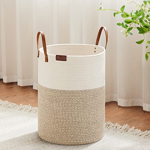 VIPOSCO 30L Small Woven Rope Laundry Hamper, Leather Handles, White & Brown - color: Brown, size: 30L