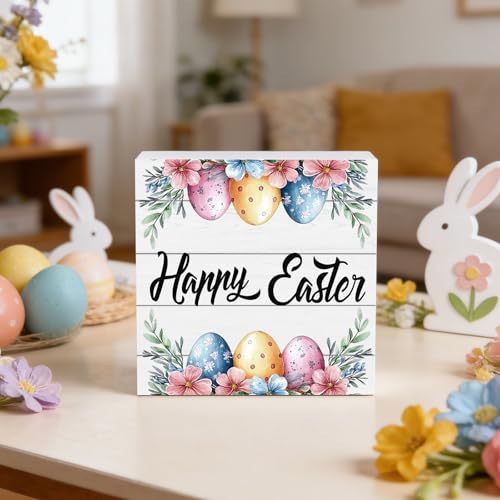 YUNKKIN Easter Table Decorations Easter Decorations Indoor Eggs Flowers Grass Home Room Office Bathroom Wood Box Sign Rustic Wooden Shelf Desk Decor Season Sign House Warming Gifts 5.9 x 5.9 Inch