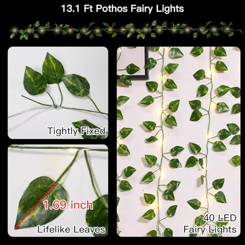 suddus 13.1FT 40LED Pothos Vine with Lights Battery Operated Copper Wire - color: Pothos, size: 40 LED-Battery