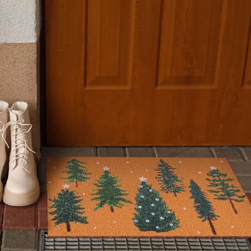 Dunzy Christmas Doormat Outdoor Snowy Forest Welcome Faux Coir Non-Slip Mat - style: Green Christmas Tree