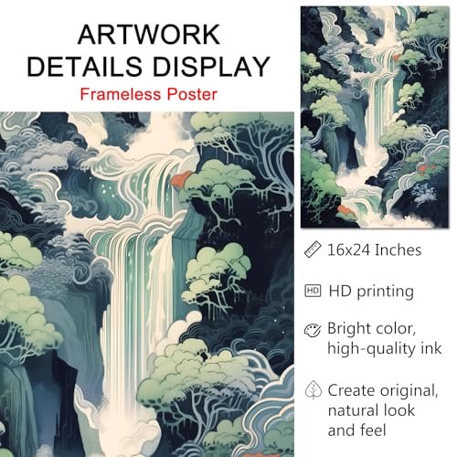 GADZRTIL Abstract Waterfall Wall Art Japanese Landscape Poster Blue Nature Pictures Japanese Waterfall Wall Art Abstract Hokusai Canvas Wall Art Abstract Landscape Artwork 16x24inch No Frame - color: Waterfall Art-Unframed