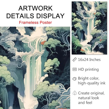 GADZRTIL Abstract Waterfall Wall Art Japanese Landscape Poster Blue Nature Pictures Japanese Waterfall Wall Art Abstract Hokusai Canvas Wall Art Abstract Landscape Artwork 16x24inch No Frame - color: Waterfall Art-Unframed