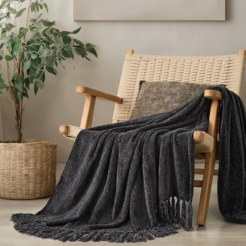 EverGrace Chenille Knit Throw Blanket for Couch, 50"x60", Iron Black - color: Iron Black, size: 50"x60"