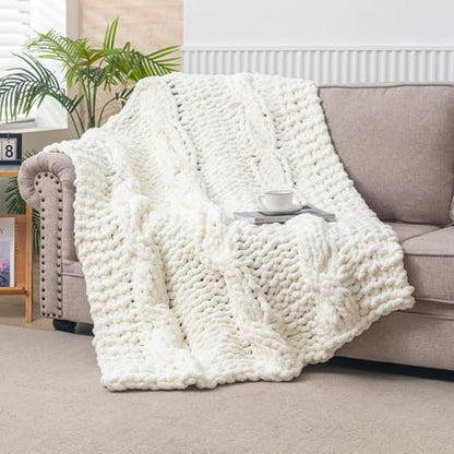 WESHIONGOO Chunky Knit Blanket Throw 50"×60" Knitted Throw Blankets for Couch Bed Fluffy Soft Blanket with Jumbo Chenille Yarn Thick 100% Handmade (Cream White) - color: Cream White, size: 50"x60"