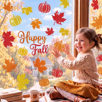 Glitter Fall Window Clings Autumn Thanksgiving Window Stickers Decals Decor - color: Fall Glitter
