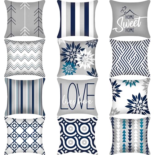 Flutesan 12 Pcs Pillow Covers 18x18 Geometric Linen for Couch, Gray Blue - color: Gray Blue