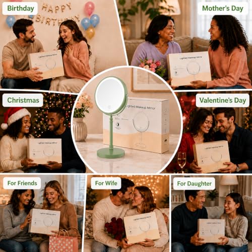 DEIOVWXS Makeup Mirror, Rechargeable Vanity Mirror with 3 Lights, 1X/10X - color: Green