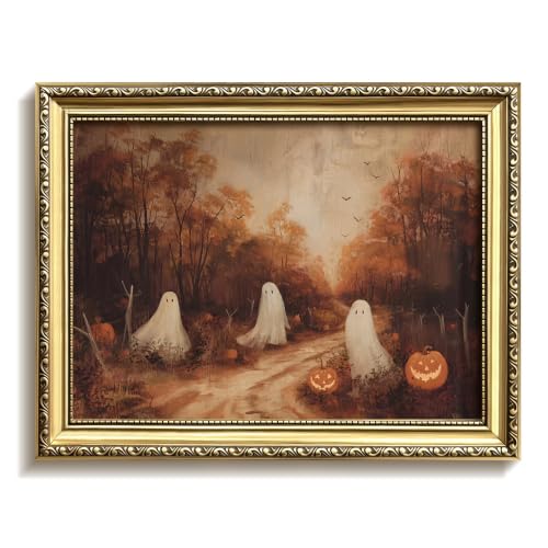 Vintage Gold Framed Halloween Wall Art, Cute Ghost Fall Wall Decor, Spooky Gothic Ghost Pumpkin Canvas Print, Autumn Forest Farmhouse Halloween Picture Decor for Living Room Bedroom 12x16in - color: Autumn Ghost, size: 16"L x 12"W