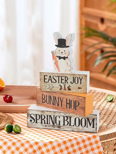 Spring Easter Dec Bunny Wooden Tabletop Decor with Easter Joy/Bunny Hop/Spring Bloom Signs, Spring Farmhouse Spring Table Decorations for Home Indoor, Green Purple Beige Wood Blocks Set of 4 - size: Easter Rabbits-B