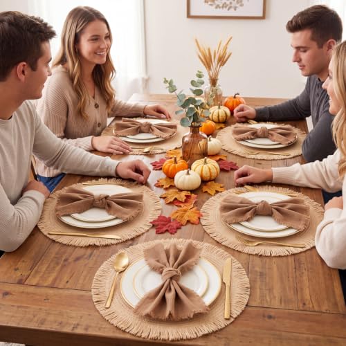 Boho Placemats Napkins Set of 6 Fall Table Brown Linen Napkins - color: Brown