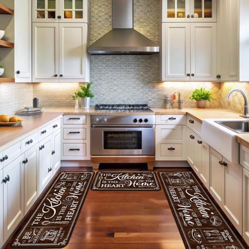 Fourluoo 3 Pcs Retro Brown Kitchen Rugs and Mats Decor Set - color: Retro