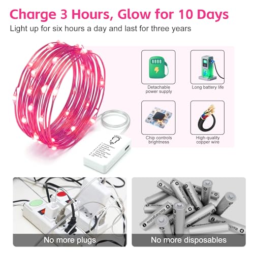 8 Pack Rechargeable LED Fairy Lights 7Ft 20LED Battery Operated - color: Pink