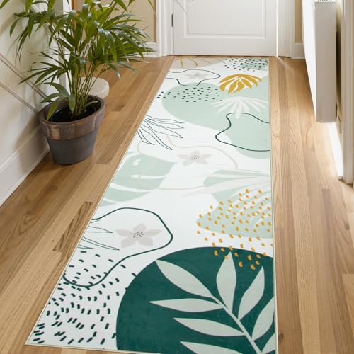 Lahome Green Runner Rugs for Hallway 2x8 Non-Slip Washable Kitchen Rugs Lightweight Low-Pile Throw Laundry Runner Rug, Boho Botanical Print Soft Indoor Carpet Runner for Entryway Bedroom Bathroom - color: Green, size: 2' x 8' Runner