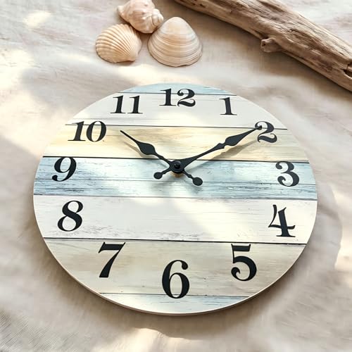 Large Wall Clock Battery Operated,14" Silent Coastal Wood Wall Clock - color: Blue, size: 14 Inch