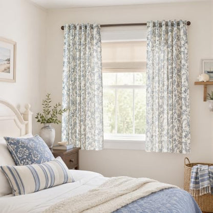 Lazzzy Blue Floral Linen Curtains Farmhouse Rod Pocket 50W X 63L 2 Panels - color: Blue on Beige, size: 50"W x 63"L (Pack of 2)