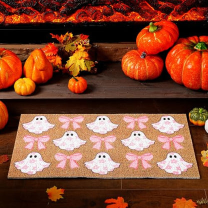 Dunzy Halloween Welcome Mat Pink Ghost Door Mat Bow Floral Halloween Rug - style: Flower Bow Ghost